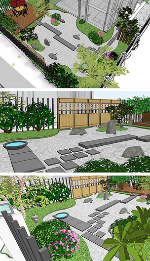日式風格庭院枯山水景觀設計9套SU模型下載-編號19007380-景觀小品
